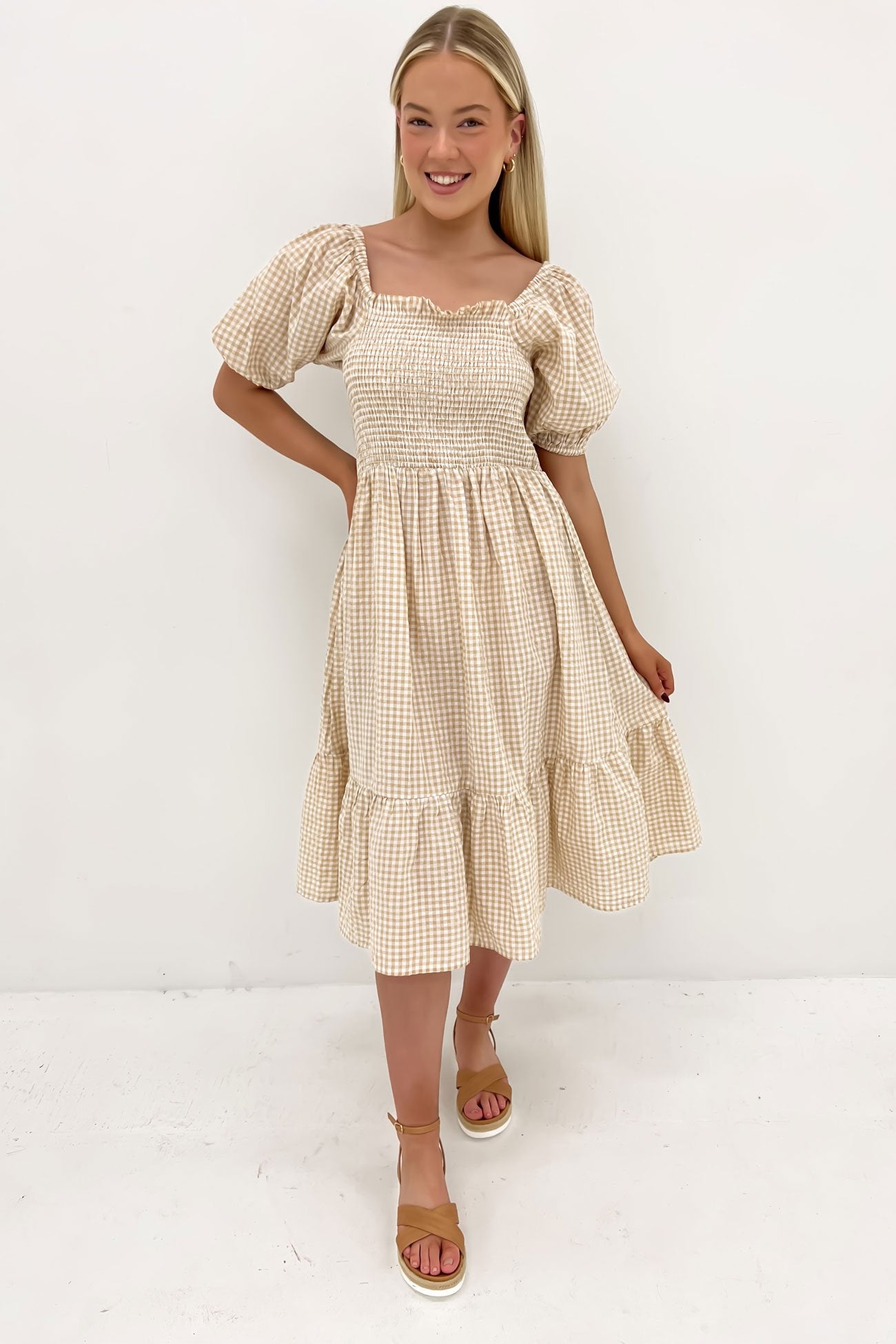 Marlee Midi Dress Latte Gingham