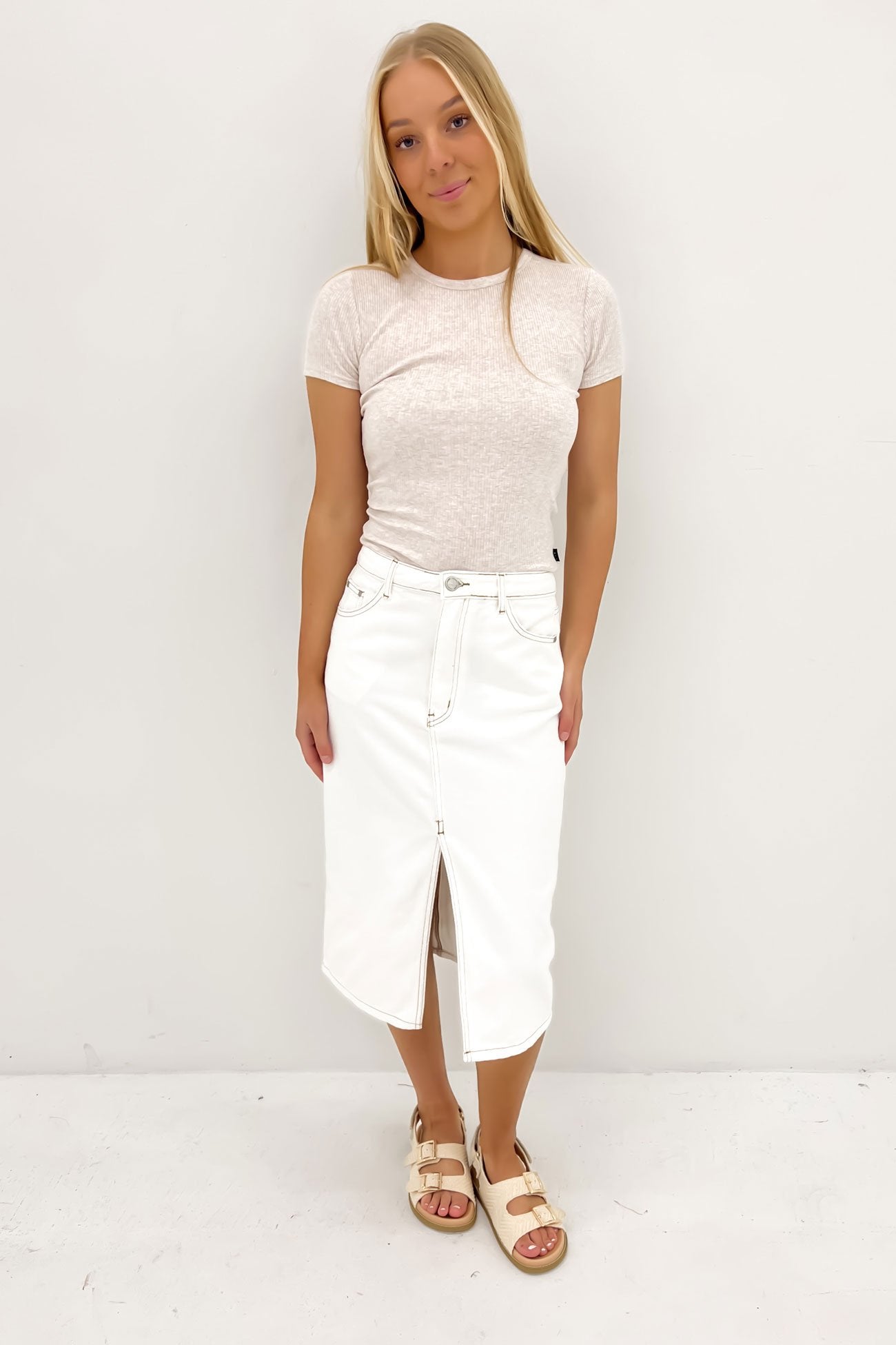 Nate Denim Midi Skirt White