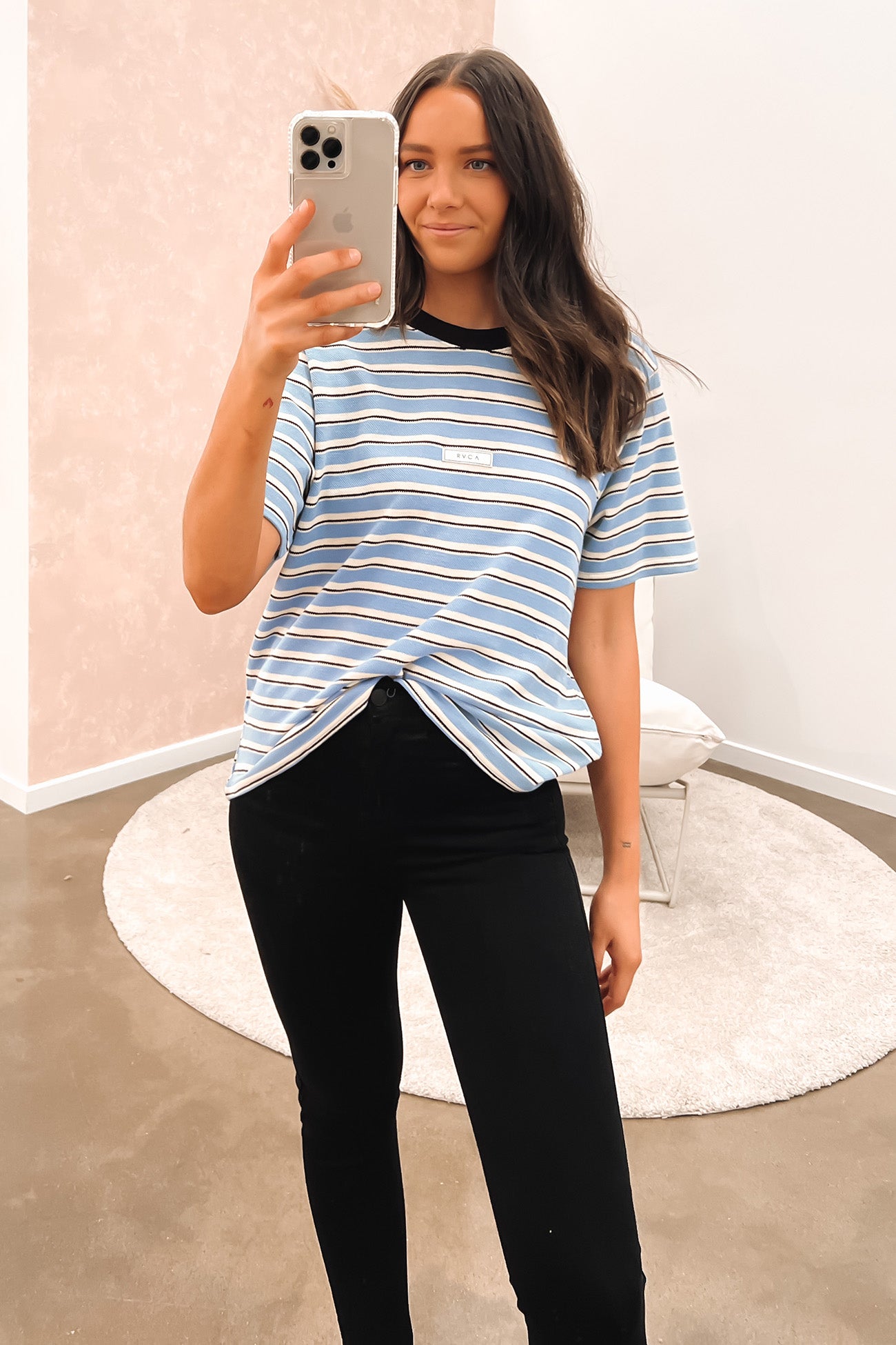 Patches Stripe Short Sleeve Tee Dusty Blue