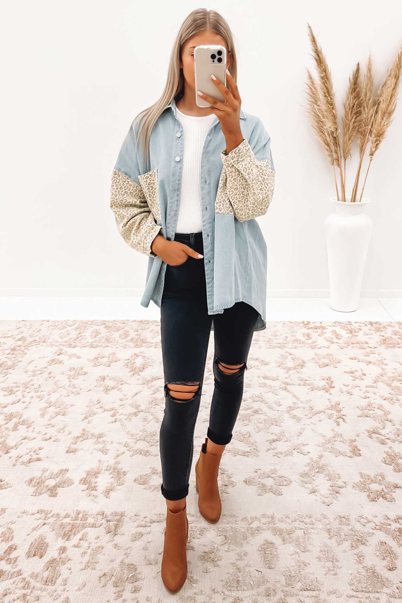 Raelynn Denim Shacket Light Blue Leopard