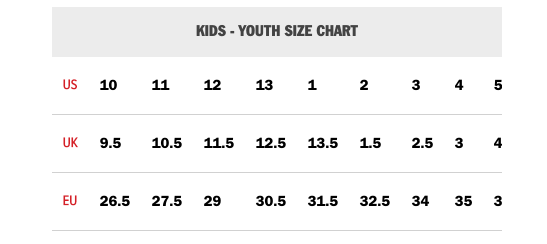 Kids' Footwear Size Chart. Nike UK