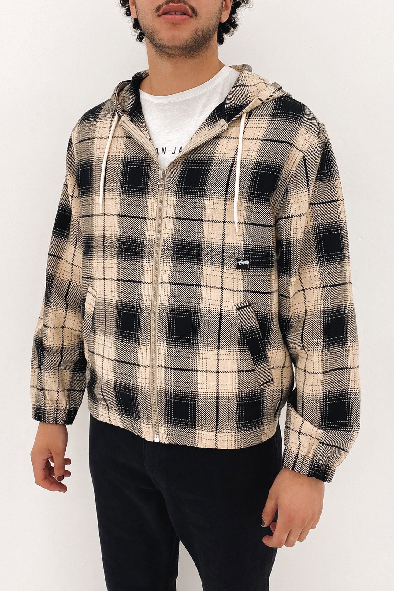 Shadow Plaid Zip Work Jacket Black Tan