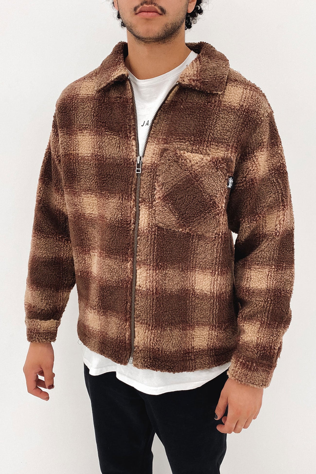 Shadow Plaid Sherpa Zip Shirt Brown