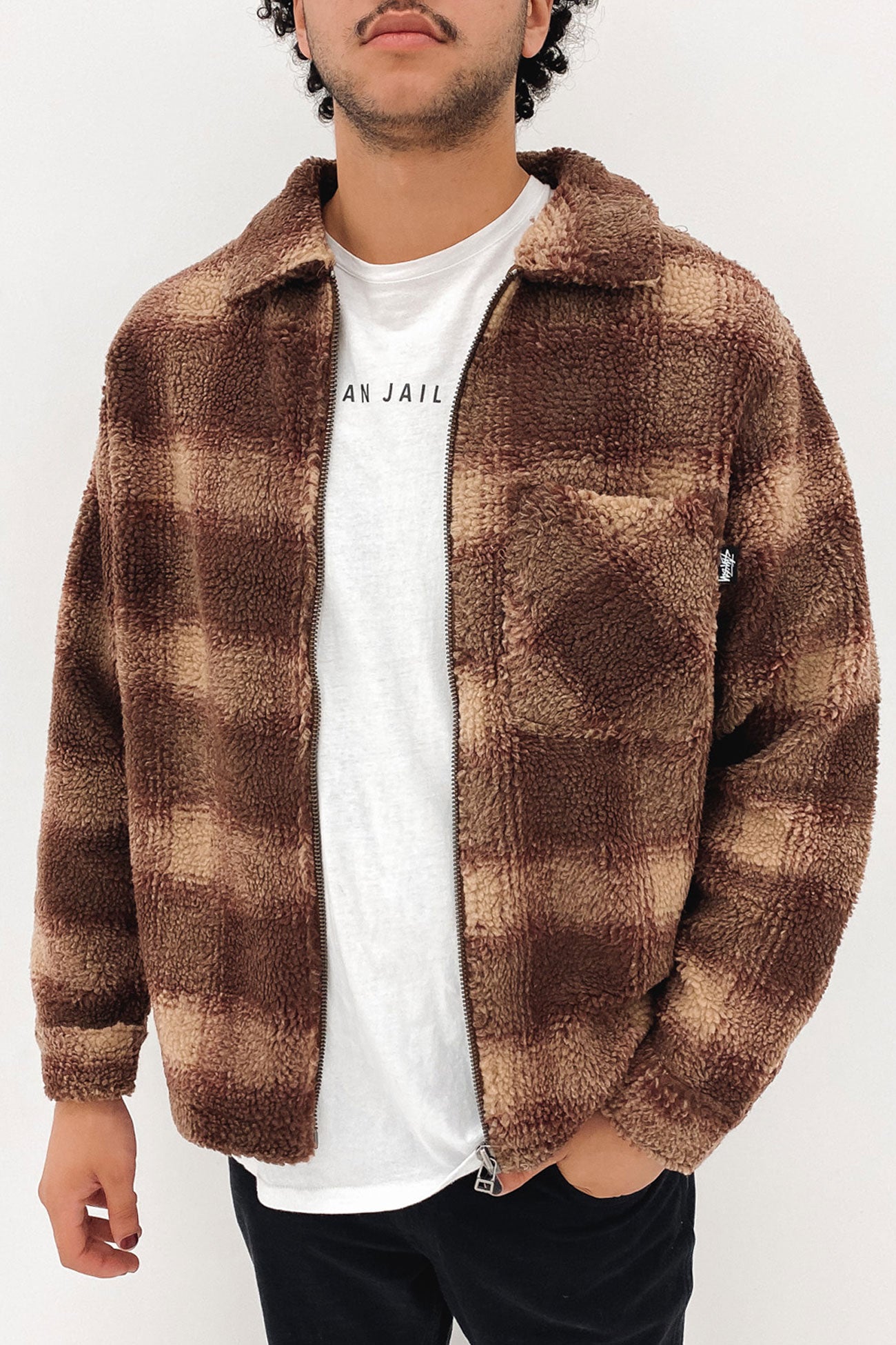 Shadow Plaid Sherpa Zip Shirt Brown