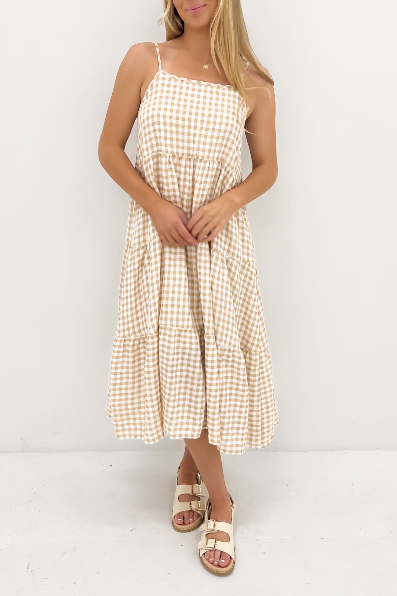 Tarah Midi Dress Beige Check