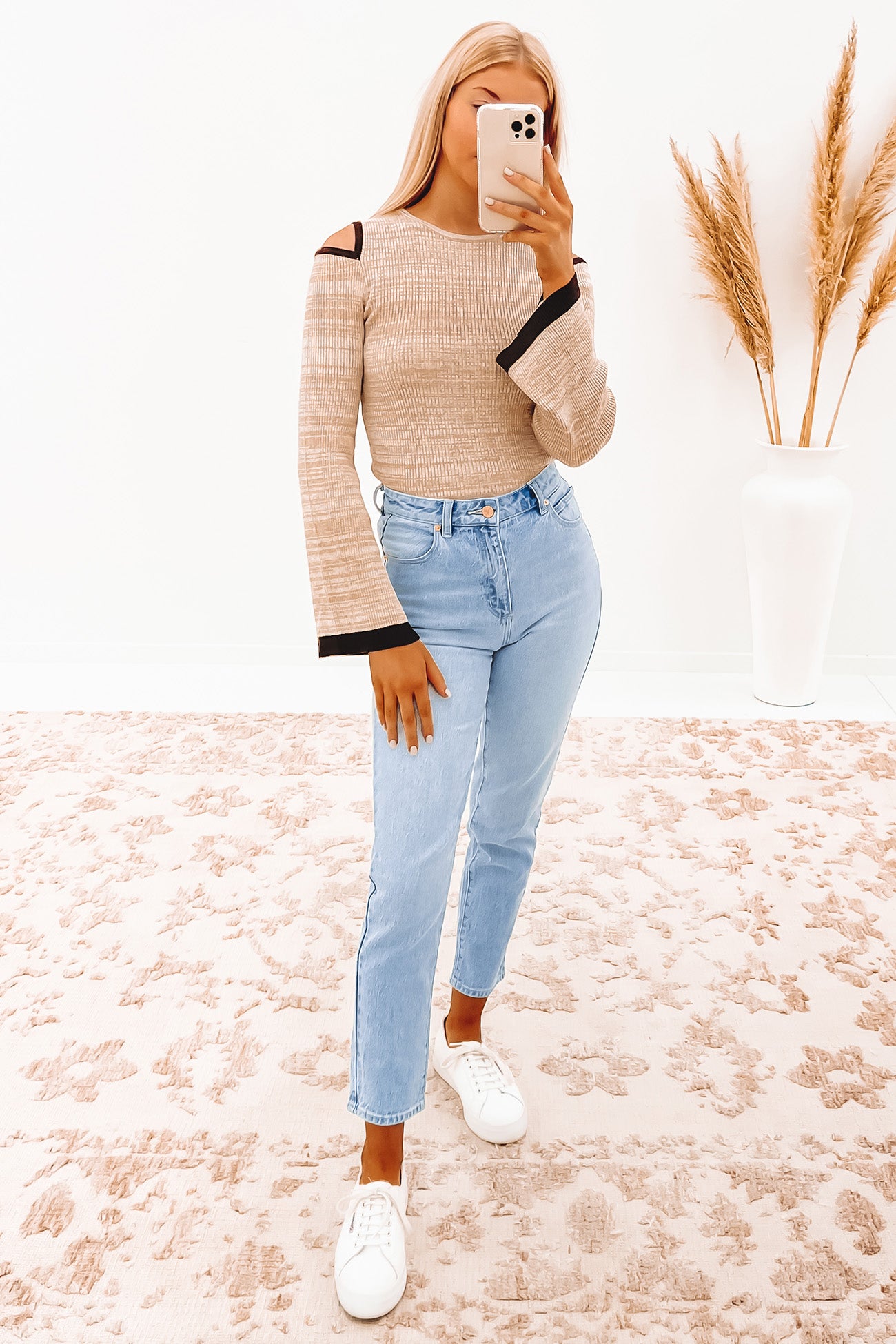 Viola Ribbed Knit Long Sleeve Top Beige Marle