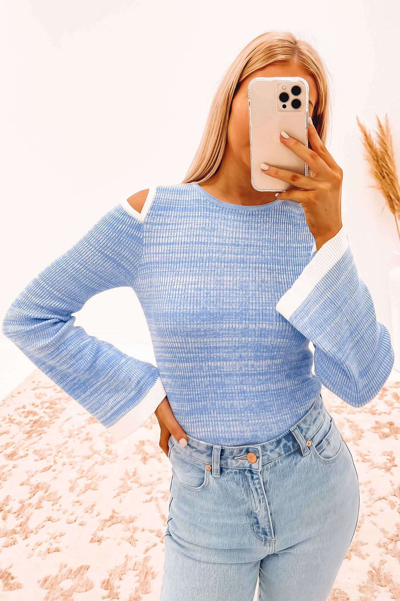 Viola Ribbed Knit Long Sleeve Top Blue Marle