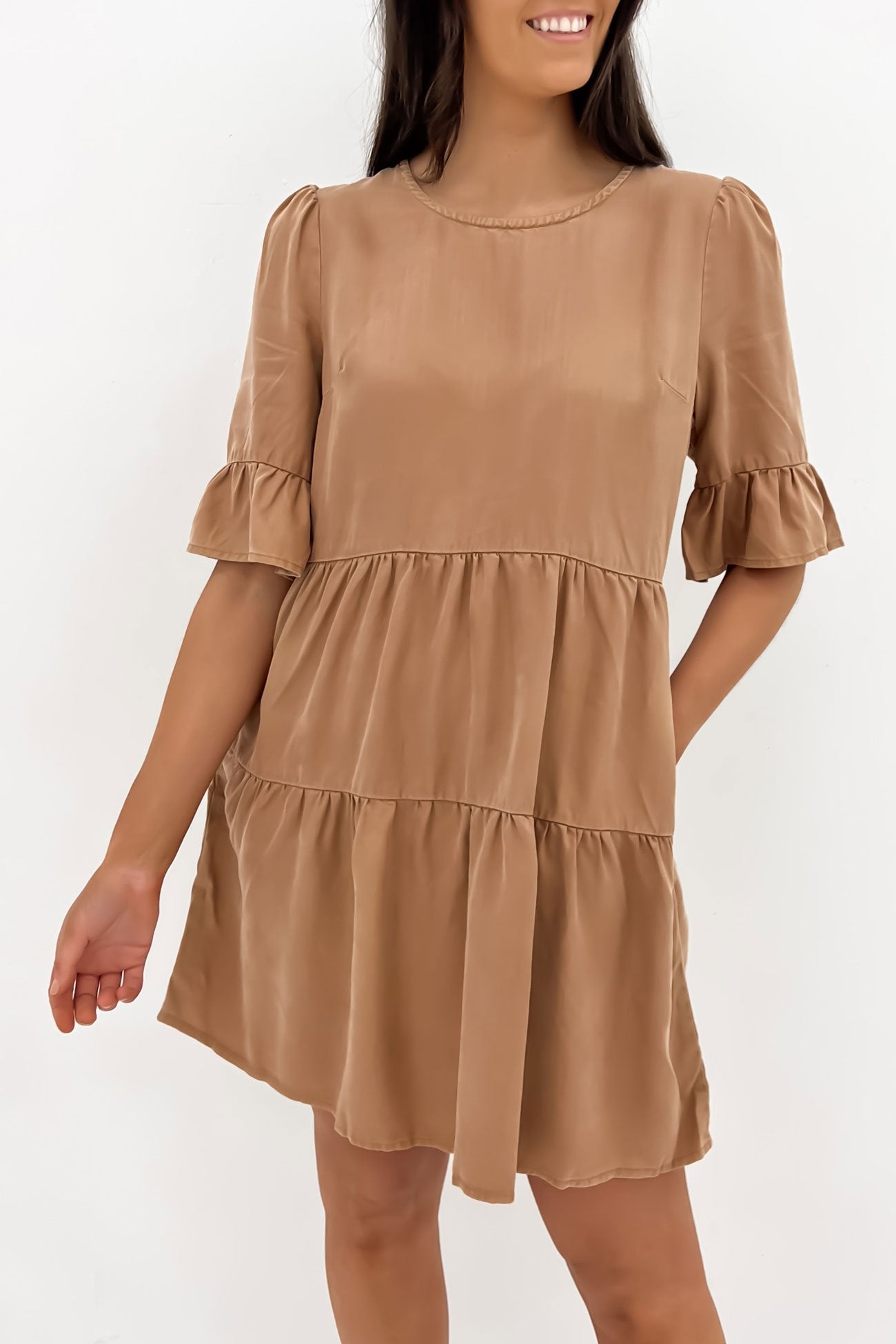 Willow Tiered Mini Dress Tan